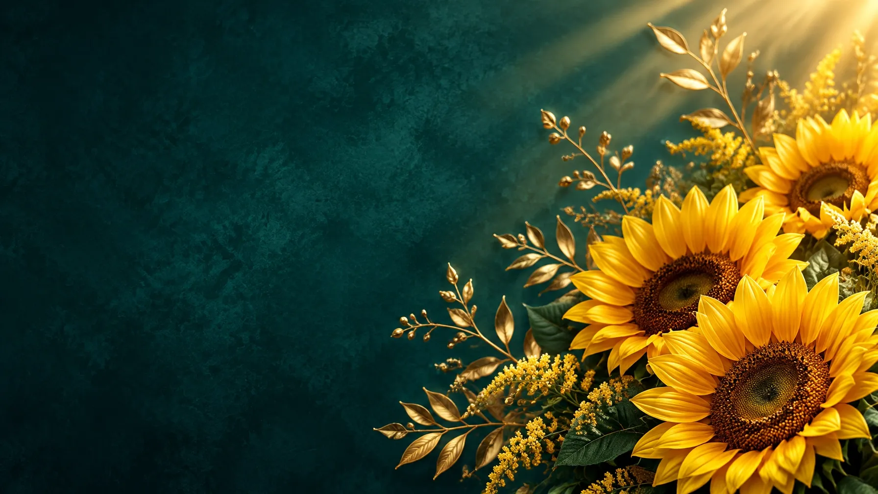 Golden sunflower and botanical tribute artwork on a deep teal background